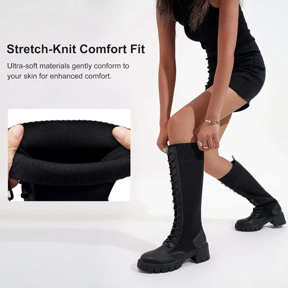 Women's Black 953 Chunky Platform Heel Lace Gothic Knee High Combat Boots